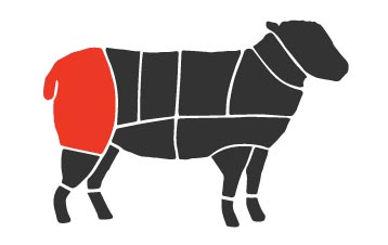 Silhouette of lamb with primal cuts outlined in white and leg primal shown in red 