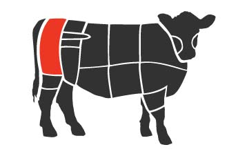 Silhouette of a black steer with the primal cuts outlined in white and the round primal shown in red