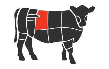Silhouette of a black steer with the primal cuts outlined in white and the short loin shown in red