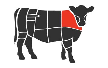 Silhouette of a black steer with the primal cuts outlined in white and the shoulder primal shown in red 