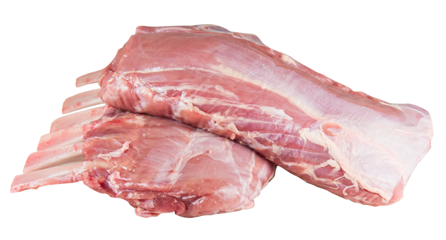 Two raw petite veal racks, stacked