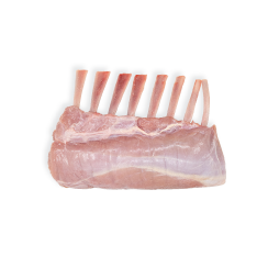 Raw 8-rib rack of petite veal with frenched bones